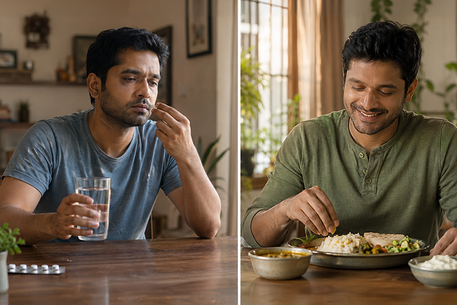 One man taking medicine and another enjoying a meal