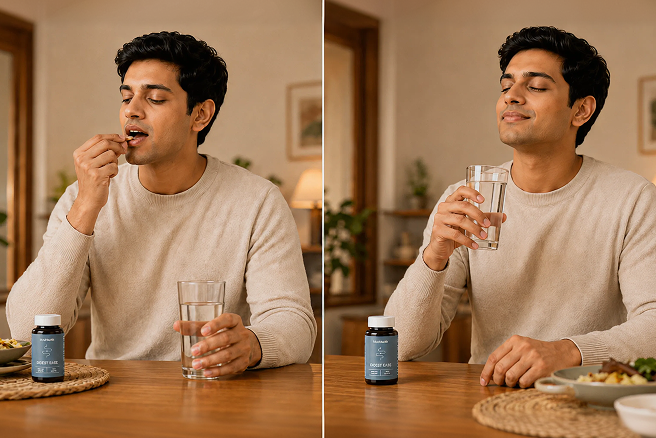 Man taking Ayurvedic supplements with water