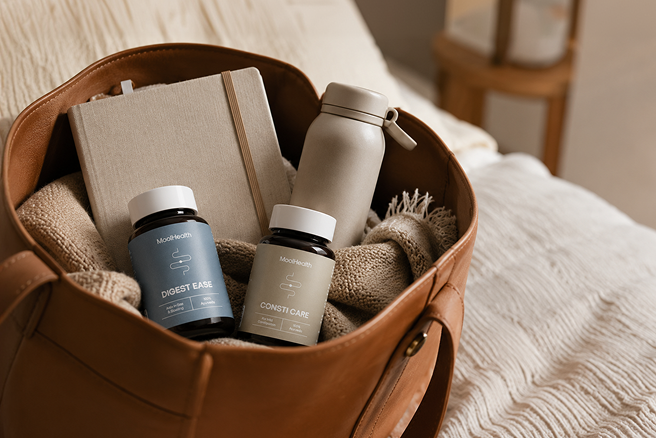 Mool supplement bottles packed in a travel bag